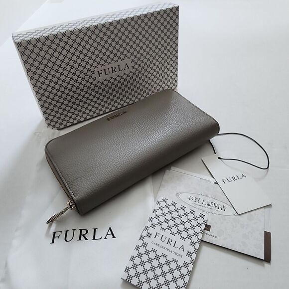 FURLA Gray Leather Long Zip Around Wallet with Box Dust Bag Tags - Picture 1 of 11